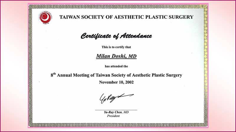 Taiwan society of aesthetic plastic surgery certificate - Dr Milan Doshi