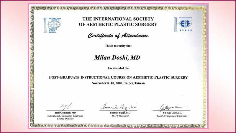 The international society of aesthetic plastic surgery certificate - Dr Milan Doshi