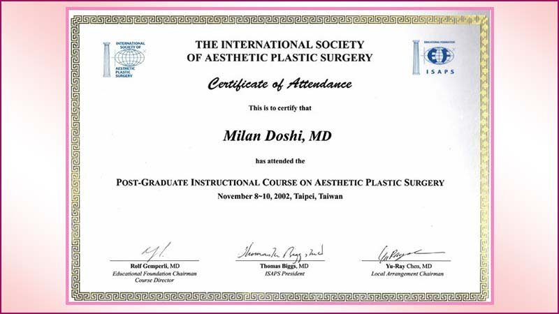 The international society of aesthetic plastic surgery certificate - Dr Milan Doshi